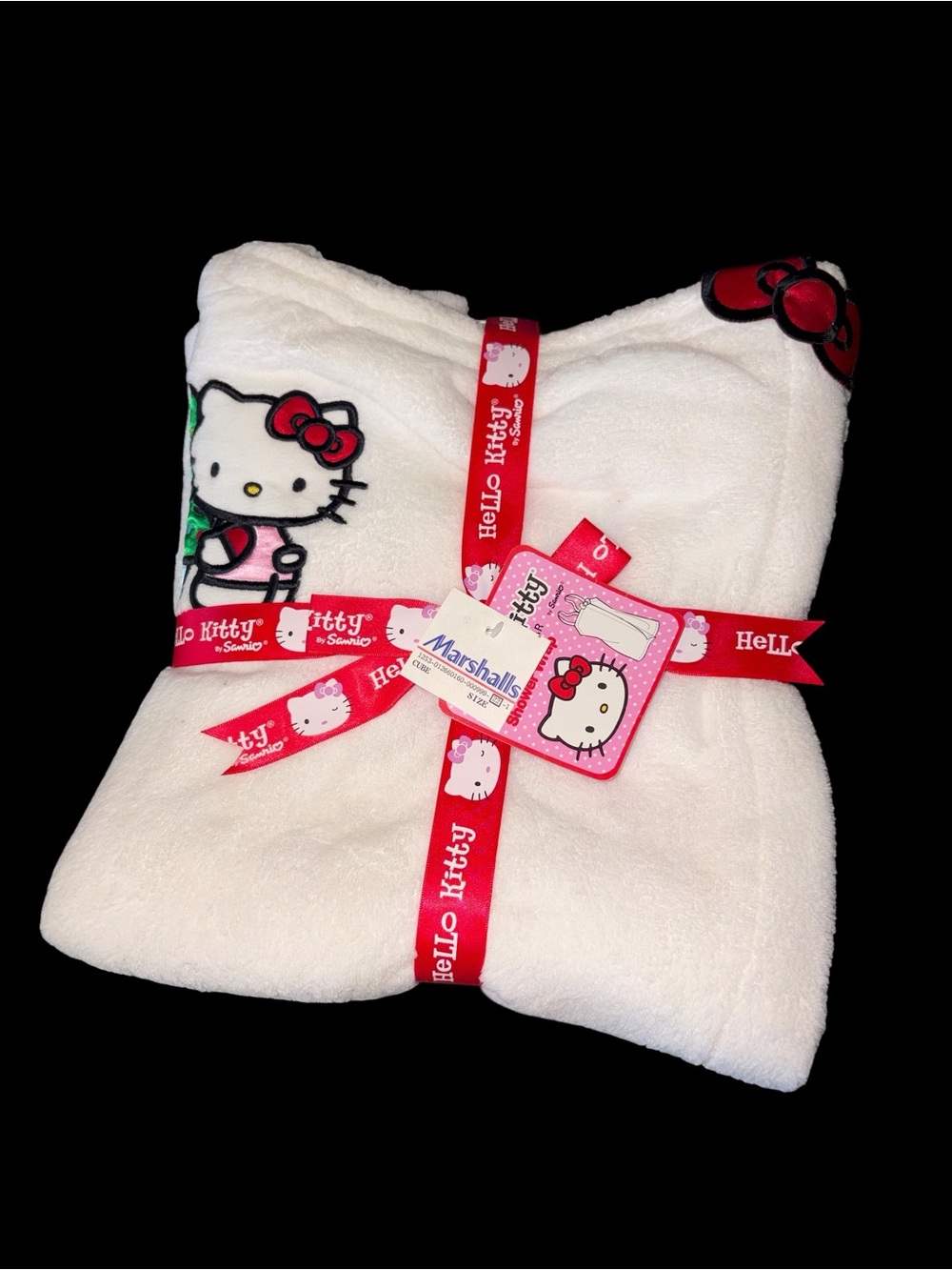 Sanrio Hello Kitty White Christmas Shower Wrap with Red Bow Accents